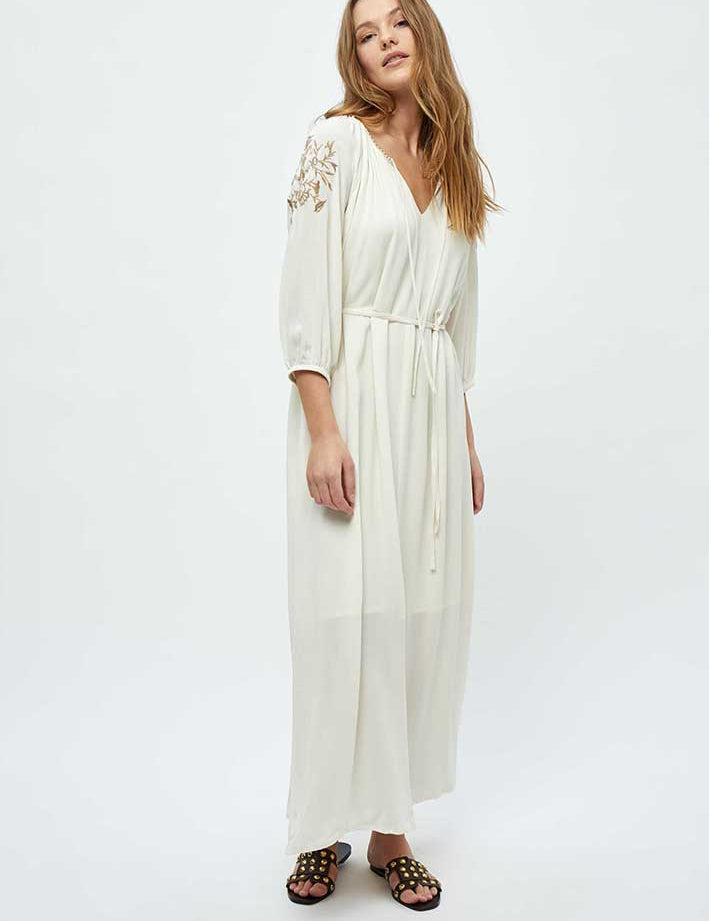 4 Sleeve Ankle Length Embroidery Dress Kjoler 0002 White Peony
