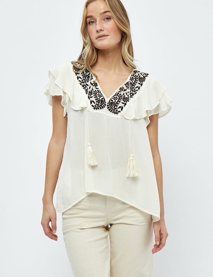 Desires Christa Short Sleeve Embroidery Blouse Bluser 0002 White Peony
