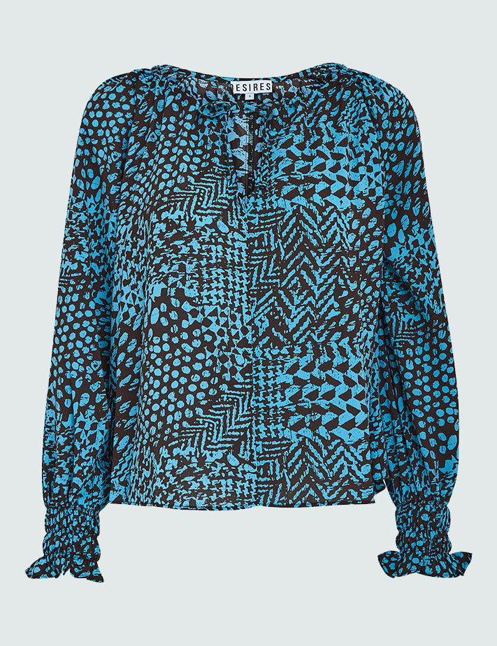 Desires Enur Long Sleeve Blouse Bluser 1176P Crystal Teal Print