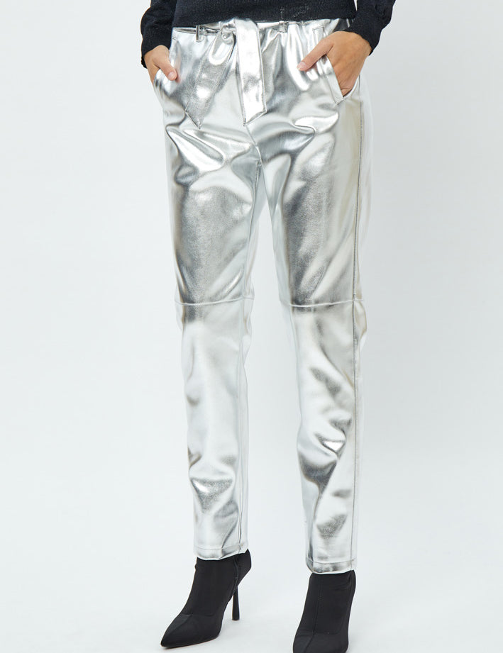 Minus Jayda Metallic PU Pant Bukser 172MET Silver Metallic