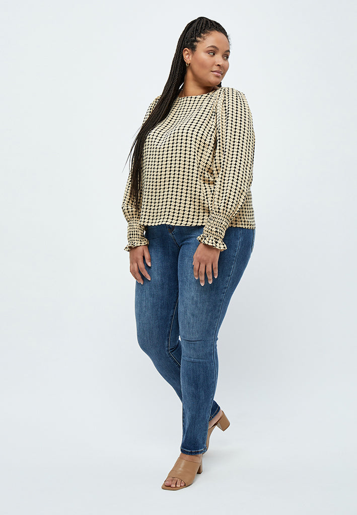 Peppercorn Lykke Pufærmet Bluse Curve Bluser 0273P Warm Sand Print