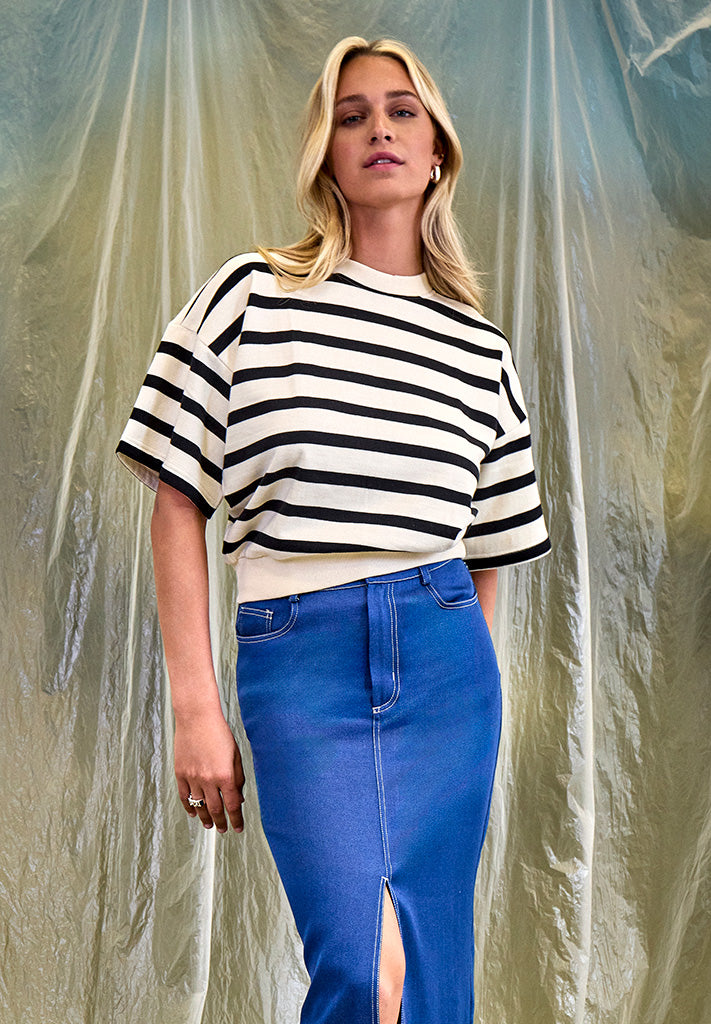Minus MSEstella Short Sleeve Sweat Sweatshirts 100S Black Striped