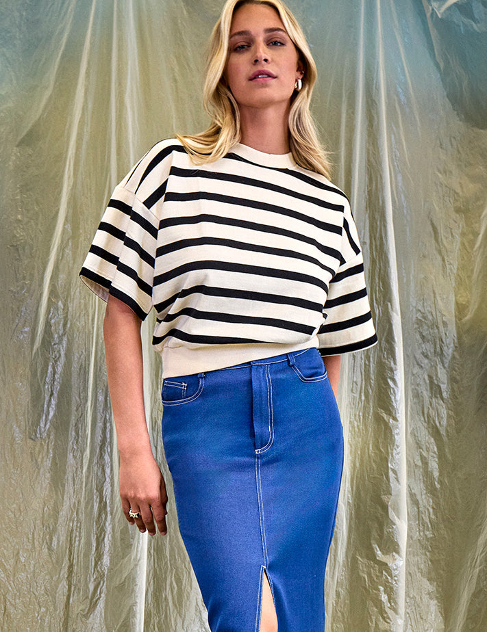 Minus MSEstella Short Sleeve Sweat Sweatshirts 100S Black Striped