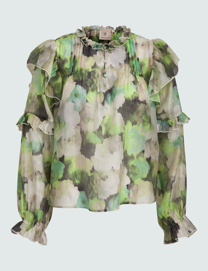 Peppercorn PCFleur Long Sleeve Blouse Bluser 3790P Hedge Green Print