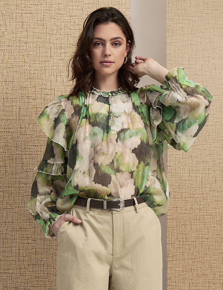 Peppercorn PCFleur Long Sleeve Blouse Bluser 3790P Hedge Green Print