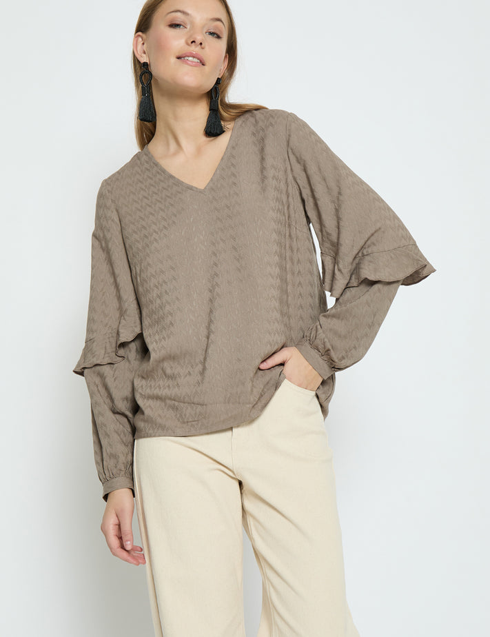 Peppercorn PCPenina V-Neck Long Sleeve Blouse Bluser 1458 Brindle Taupe