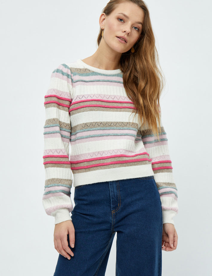 Peppercorn Pam GRS Puff Sleeve Knit Pullover Pullover 235S Cloud Dancer Stripe