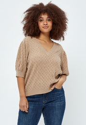 Peppercorn Rosalia V-Hals Strik T-Shirt Curve T-Shirt 0273M Warm Sand Melange